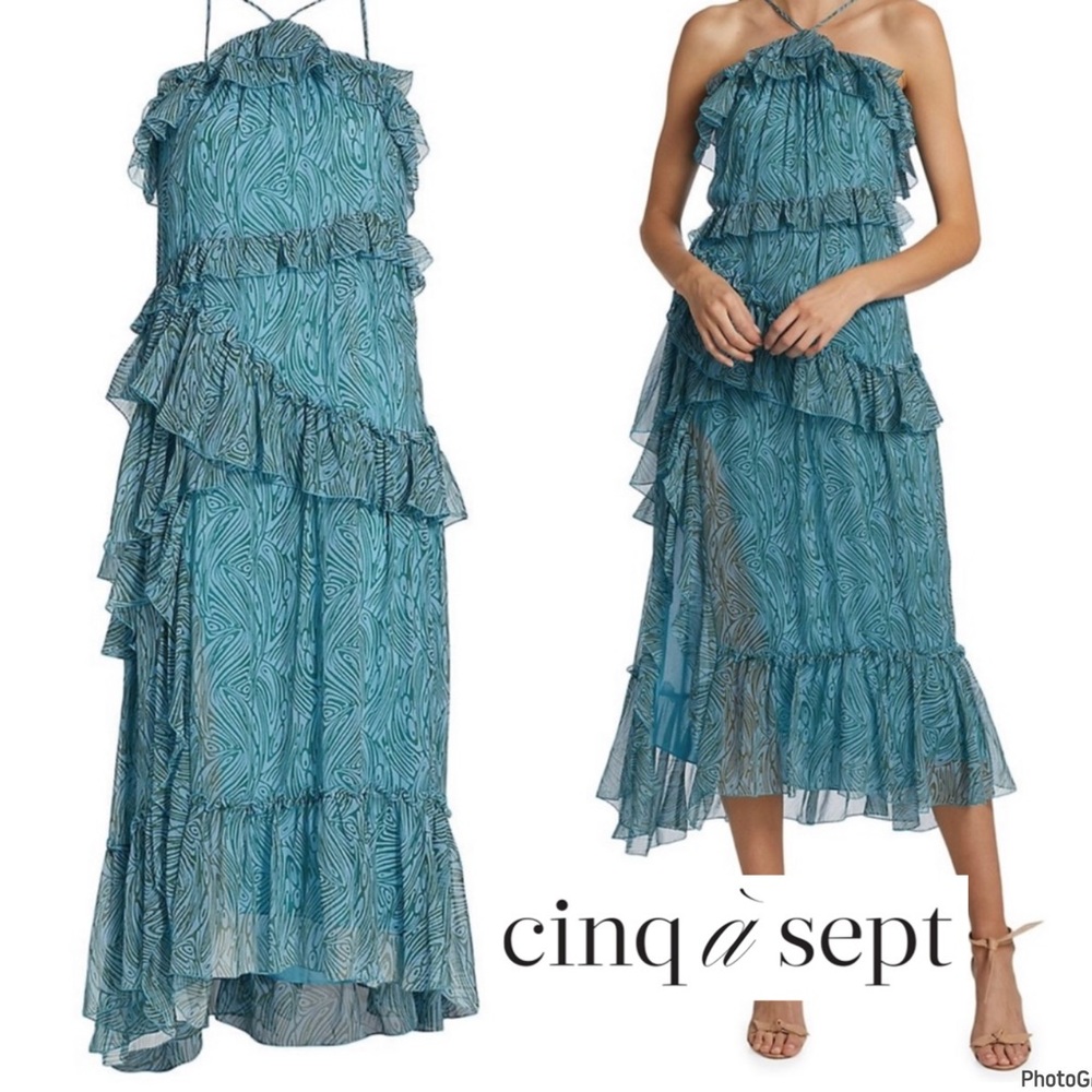CINQ A SEPT RAYNER PRINTED RUFFLED MIDI DRESS IN CELESTE MULTI